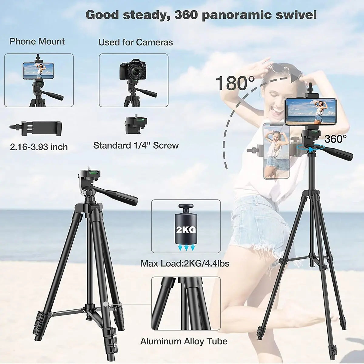 Tripod for Smartphone Lightweight Camera Tripod Stand with Bluetooth Selfie Remote Phone Holder Video Photography for iPhone 14