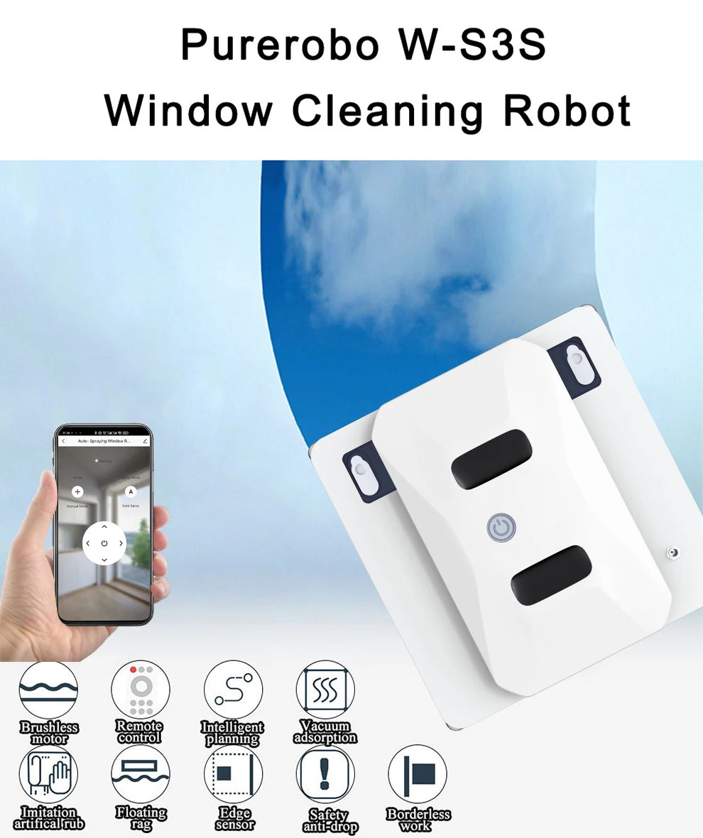Purerobo Square Ultrathin Window Cleaning Robot With Water Spray Automatic Washing Window Glass Mirror Tile Cleaner APP Control