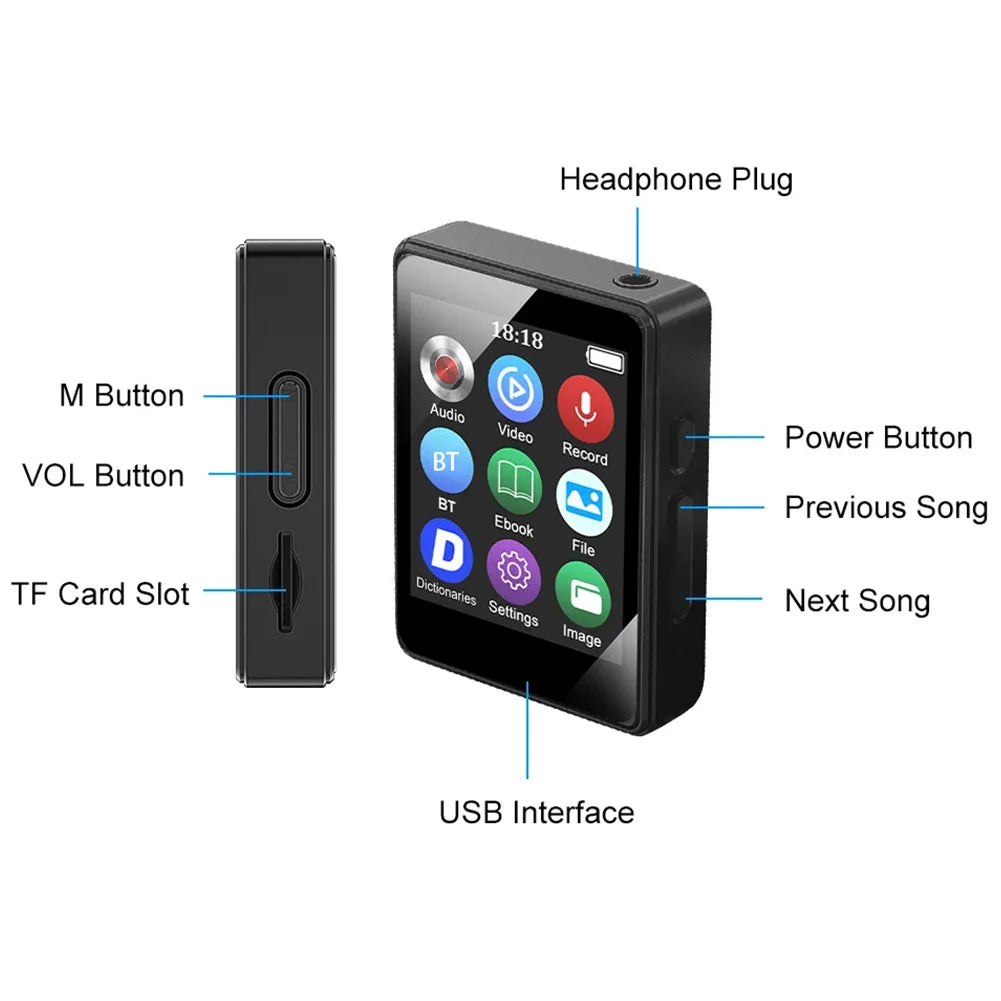 1.8-inch portable MP3 MP4 music player with Bluetooth 5.0 internal speaker compatible up to 128 Gb