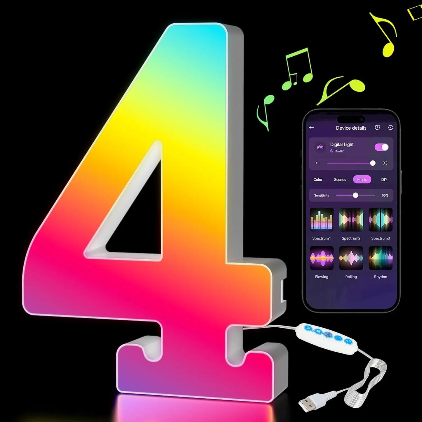 Smart LED Letters Lights Alphabet Light Decorative Name Letter Number Lamp Night Light USB MeRGBW App Music Sync Logo Game Home