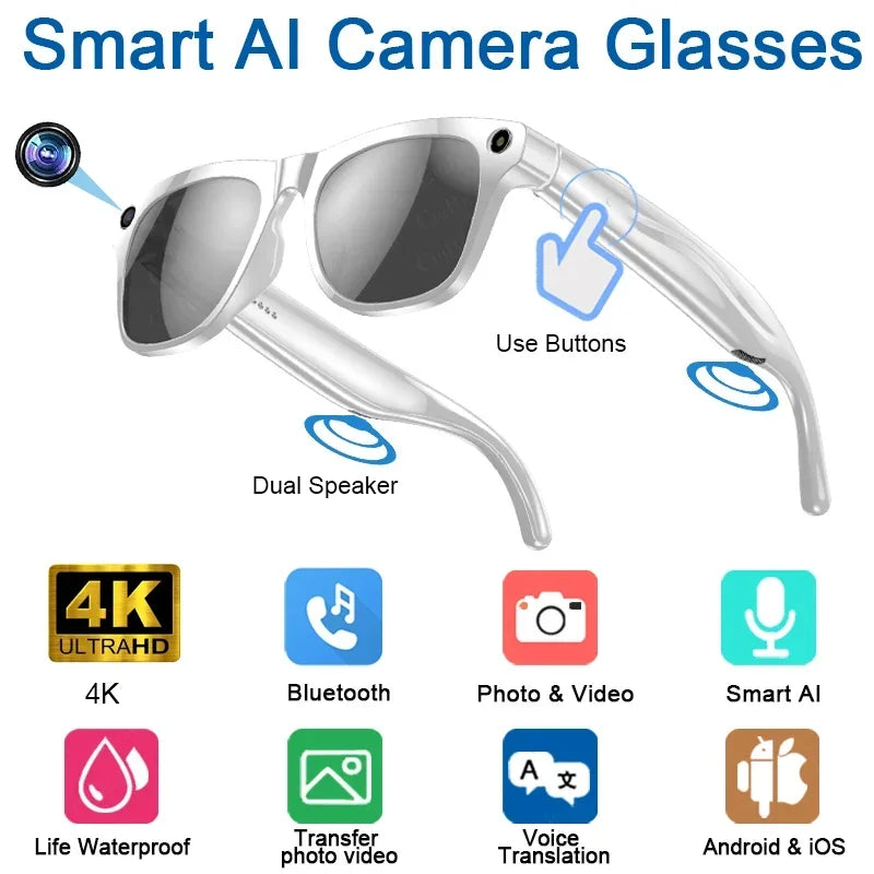 6K HD AI Smart Glasses Chat 260Mah Battery Voice Assistant Control GPT 100MP Camera Bluetooth Call Smart Glasses 2025 NEW