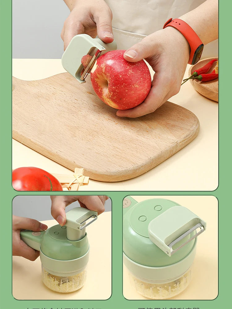 4 IN 1 Electric Vegetable Cutter Set Multifunctional Garlic Mud Masher Chopper Mini Food Processor Cutting Pressing Mixer Slicer