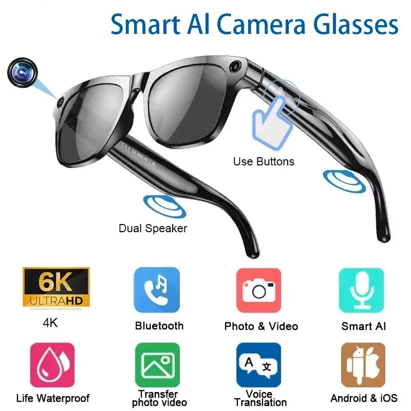 6K HD AI Smart Glasses Chat 260Mah Battery Voice Assistant Control GPT 100MP Camera Bluetooth Call Smart Glasses 2025 NEW
