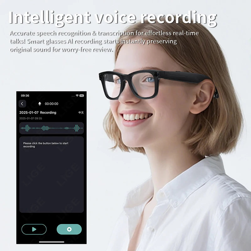LIGE New 800W Pixels Camera AI smart glasses 32GB Memory 1080P Video Shoot Wireless Transmission AI Translation Smart Sunglasses