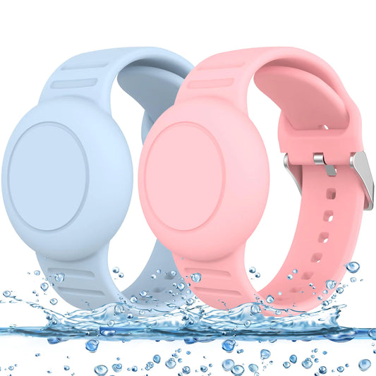 2 Pack Kids Wristband Waterproof Airtag Bracelets for Kids Soft Silicone Hidden Air tag Wristband Lightweight GPS Tracker Holder Compatible with Apple Airtags Band for Child Pink+Light Blue