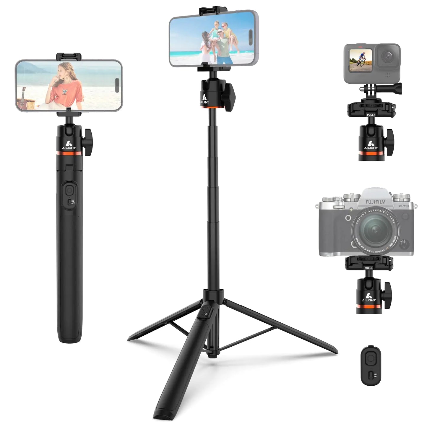 Ailight 60" Phone Tripod Extendable Tripod for iPhone & Selfie Stick with Phone Holder & Wireless Remote Vlog Tripod Stand Travel Tripod iPhone Tripod Compatible with All Cell Phones Camera