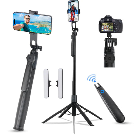 ikaufen 71" Newest Upgrade iPhone Tripod with Ground Spike5-Speed Adjustable Fill LightExtendable Tripod for Phone Selfie Stick with Wireless RemoteCompatible with All Cell Phones/Camera/GoPro