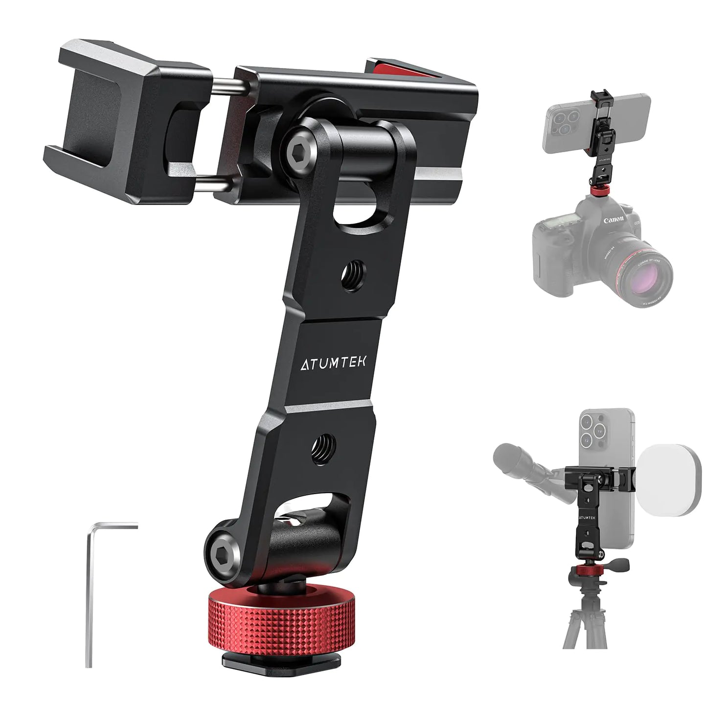ATUMTEK Metal Phone Tripod Mount Universal Aluminum Smartphone Mount Adapter with 3 Cold Shoes 3 1/4" Screw Mounts and 1 Cold Shoe Adapter 360° Rotation & 180° Tilt Angle