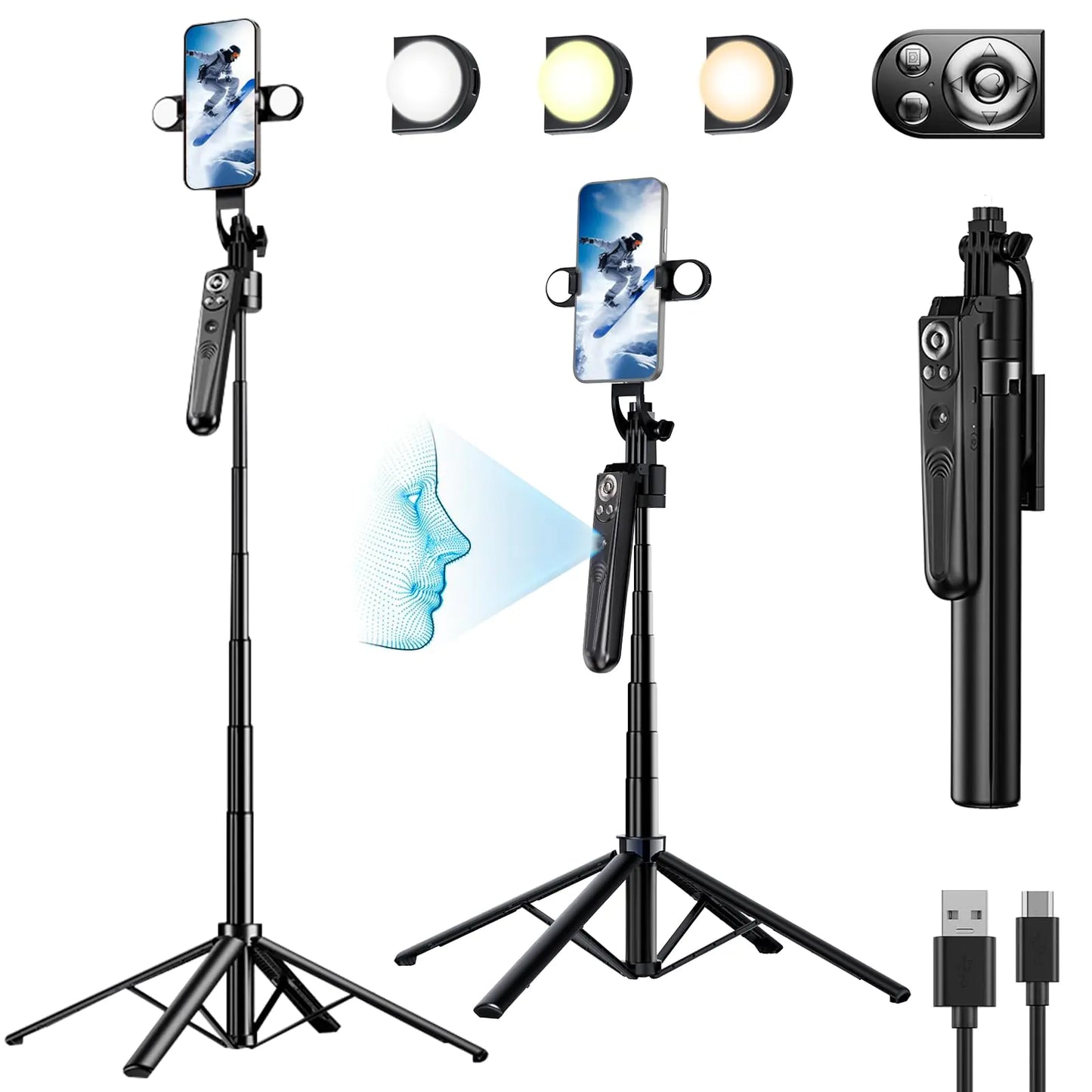 COASD Auto face Tracking Tripod 360 Rotation70" Expandable Selfie Stick Tripodface Body Tracking Phone Tripod Selfie Stick with Fill Light auto Tracking TripodRemote & Gesture Control Tripod