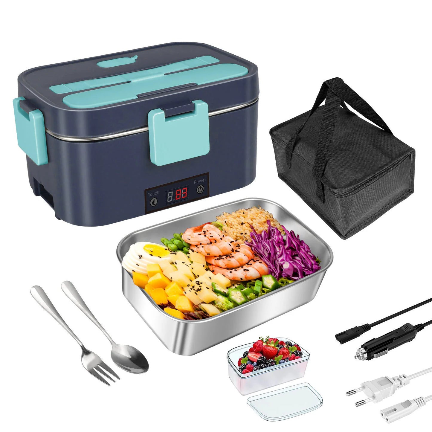 2 in 1 Car Home 12V 24V 110V 220V Electric Lunch Box Portable Picnic School Food Heating Warmer Container Stainless Steel Set