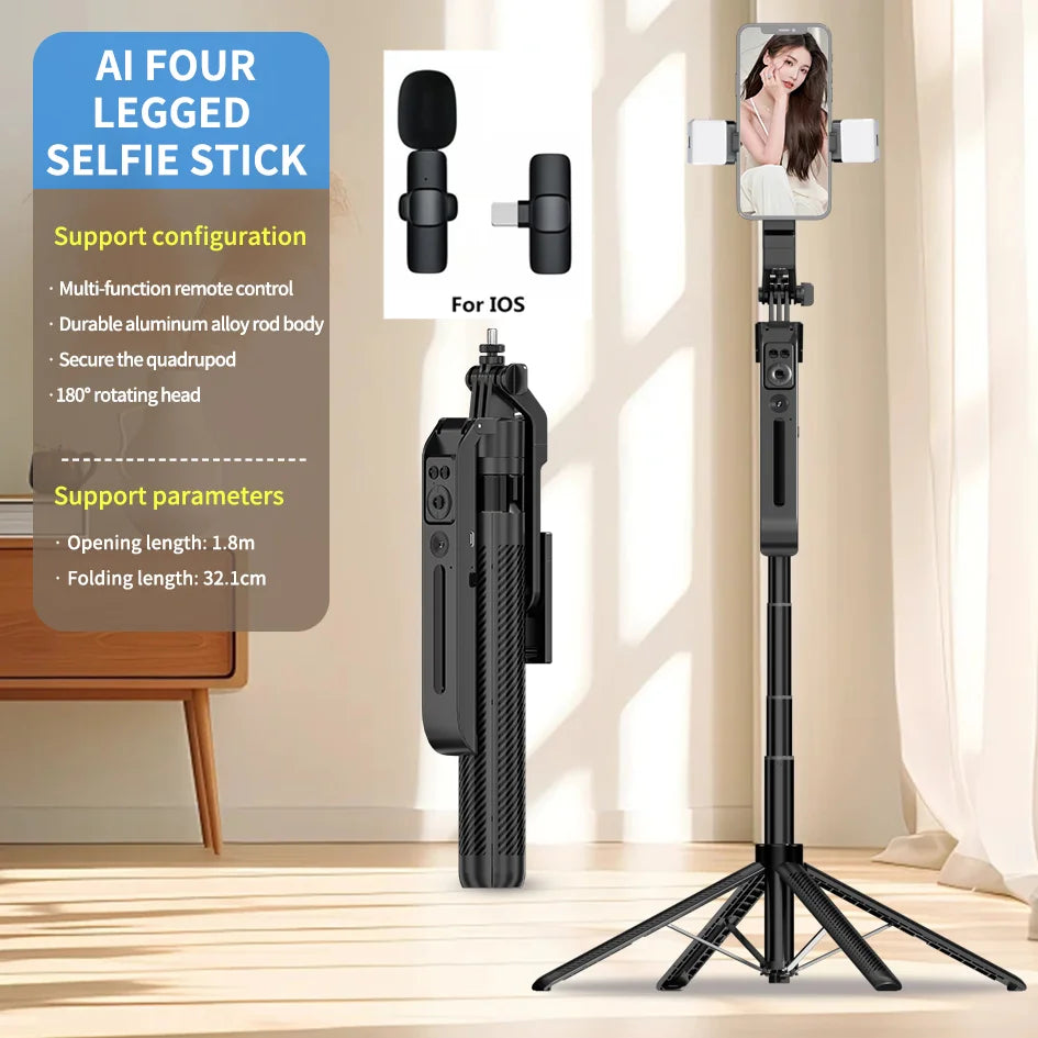 AI facial tracking Gimbal Stabilizer Selfie Stick Foldable Wireless four Tripod with Bluetooth Shutter Monopod for IOS Android