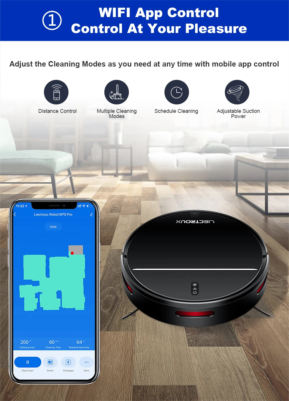 LIECTROUX M7SPRO Robot Vacuum Cleaner &Wet Mop Combo,Smart Mapping,WiFi App,4KPa,Brushless Motor,Ideal for Pet Hair,Carpet,Floor