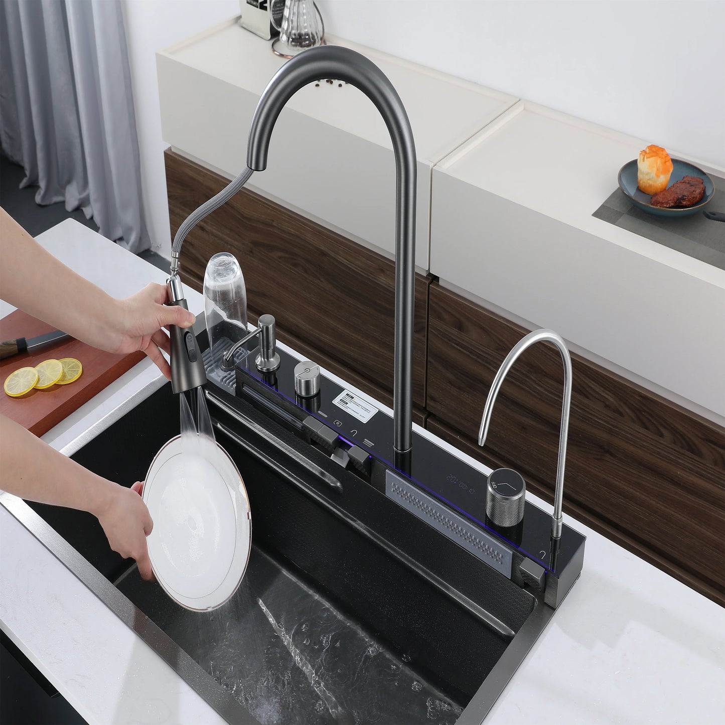 XIONGTU Multifunctional Commercial Pull Out Kitchen Sink and Faucet Lavatory Mixer Tap Modern Kitchen Sink