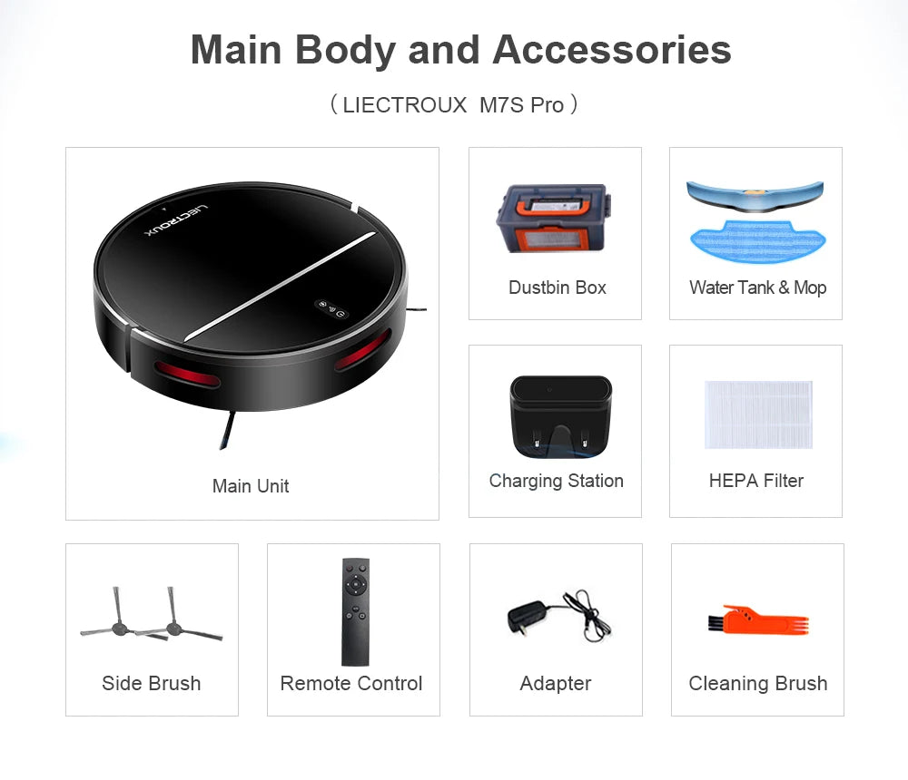 LIECTROUX M7SPRO Robot Vacuum Cleaner &Wet Mop Combo,Smart Mapping,WiFi App,4KPa,Brushless Motor,Ideal for Pet Hair,Carpet,Floor