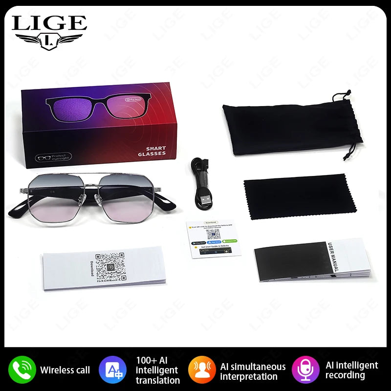 LIGE 2025 Smart Sunglasses Wireless Call Headset Bluetooth 5.4 Intelligent Translation Music Play Voice Assistant Smartglasses