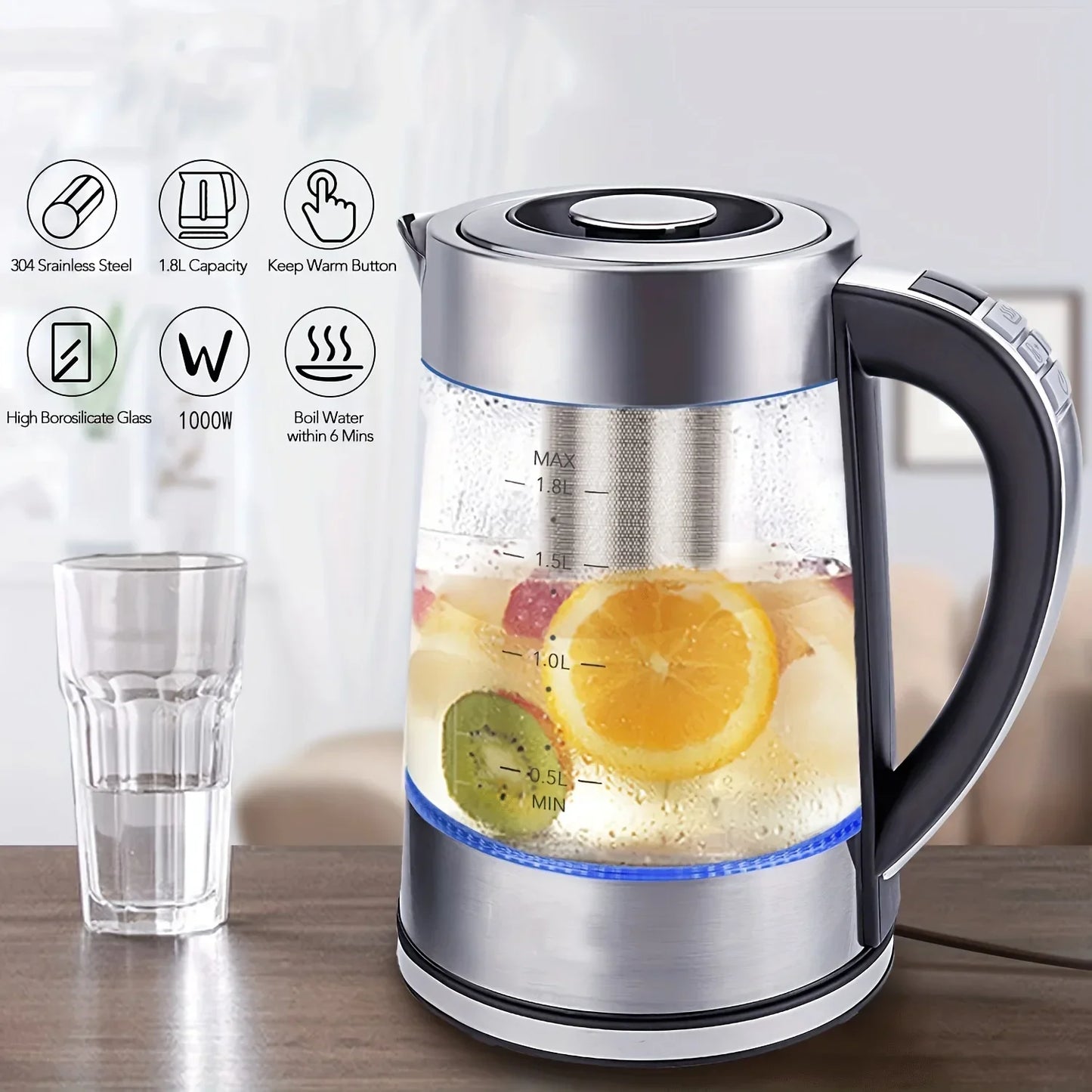 1.8L Electric Kettle with 12 Temperature Settings and 24 Hour Insulation - Stainless Steel Strainer