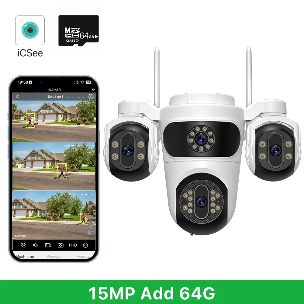 15MP WIFI Camera Three Screen PTZ Camera Human Detection Security CCTV Surveillance 10MP HD External Dual Lens Camera iCsee