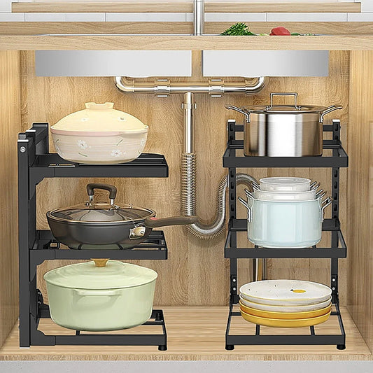 Kitchen Sink Storage Rack Multi-Layer Cooker Storage Rack Home Stovetop Cabinets Adjustable Space Saving Pot Rack Pantry Storage