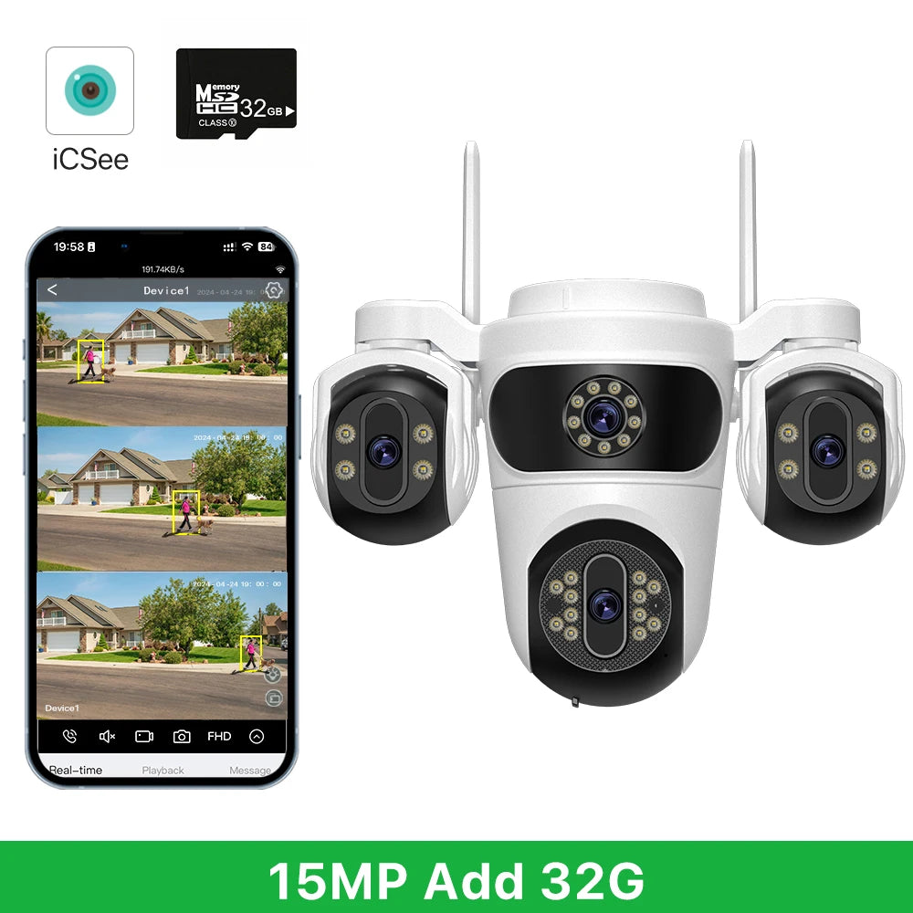 15MP WIFI Camera Three Screen PTZ Camera Human Detection Security CCTV Surveillance 10MP HD External Dual Lens Camera iCsee