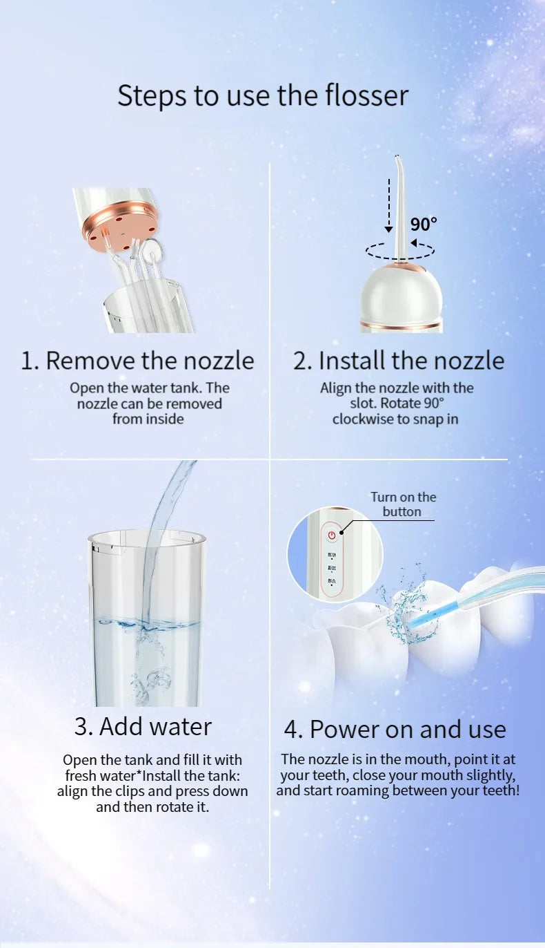 2025 New Portable Water Flosser Teeth Cleaner Dental Jet Irrigator 4 Nozzles 3 Modes USB Rechargeable for Home Travel Oral Care