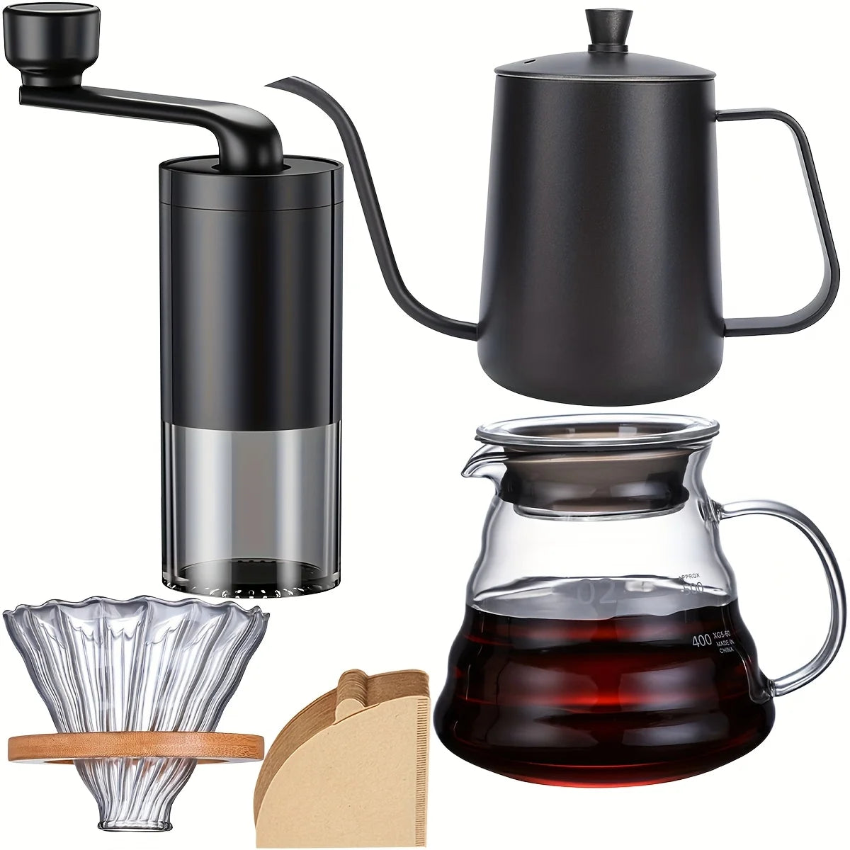 Pour Over Coffee Maker Set, Includes Pour Over Coffee Kettle, Coffee Grinder, Glass Coffee Carafe and Dripper, V02 Filter Paper