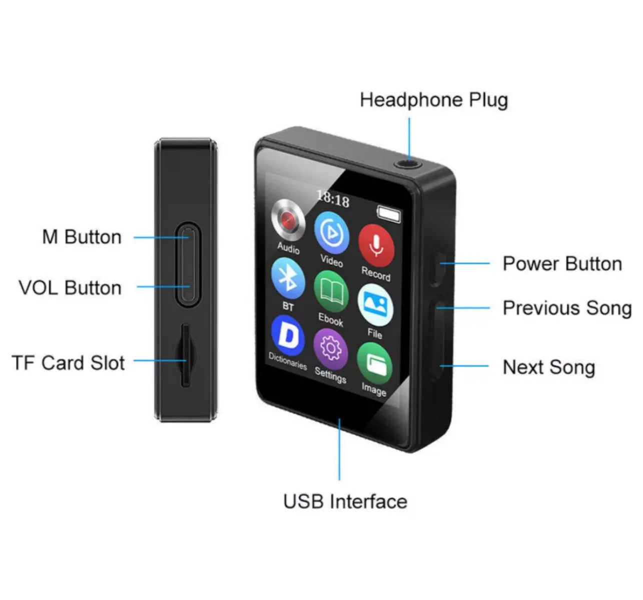 1.8-inch portable MP3 MP4 music player with Bluetooth 5.0 internal speaker compatible up to 128 Gb
