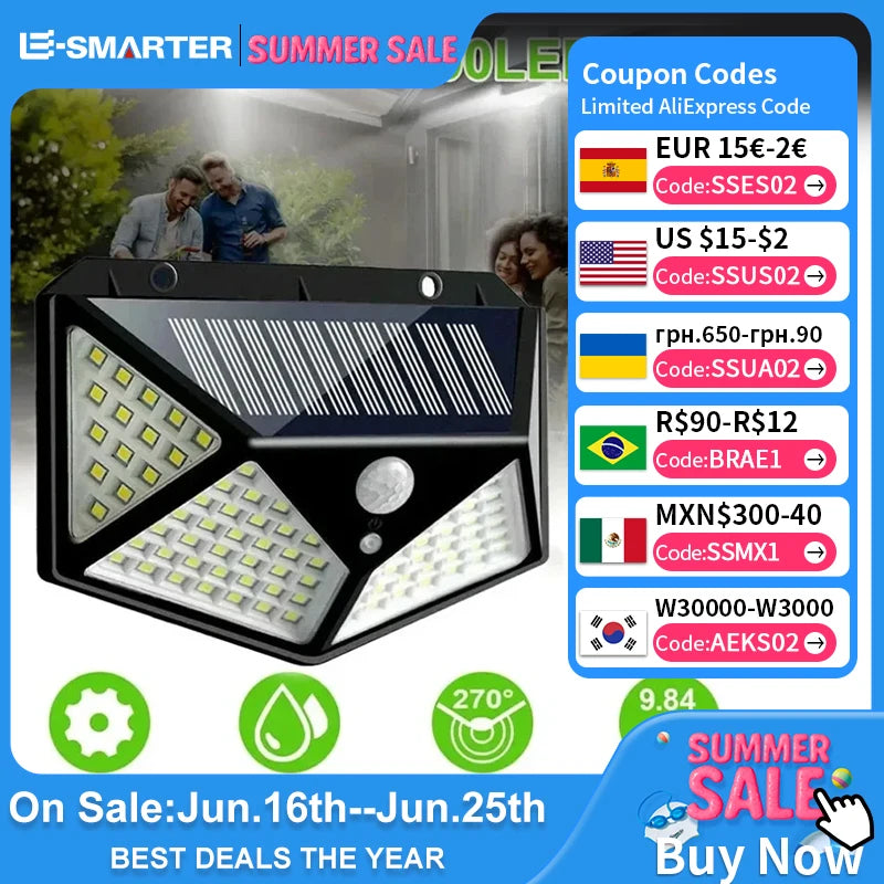1/2/4/6Pcs 100 LED Wall Lights Outdoor Solar Lamp PIR Motion Sensor Solar Powered Sunlight Street Light for Garden Decoration