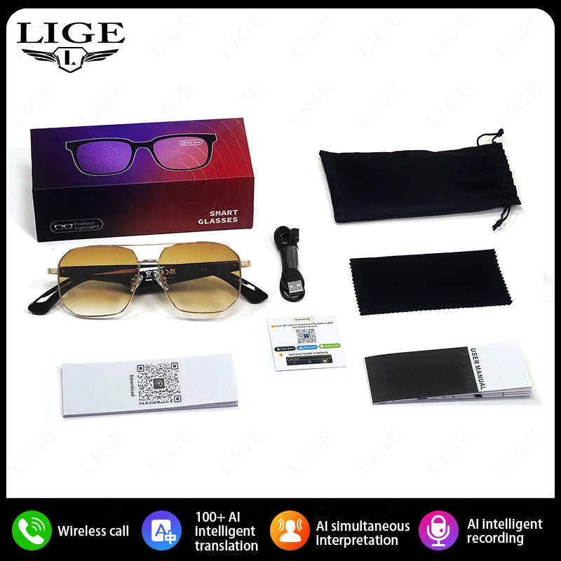 LIGE 2025 Smart Sunglasses Wireless Call Headset Bluetooth 5.4 Intelligent Translation Music Play Voice Assistant Smartglasses
