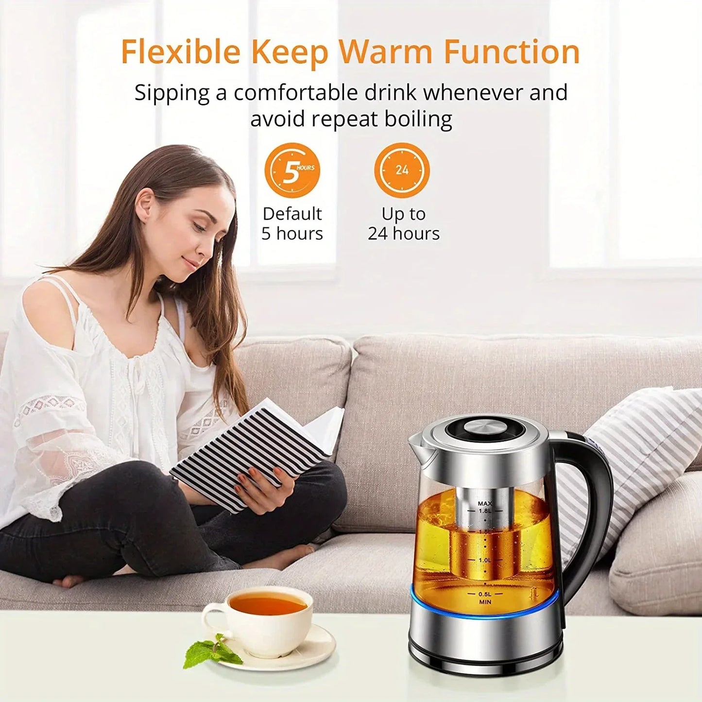 1.8L Electric Kettle with 12 Temperature Settings and 24 Hour Insulation - Stainless Steel Strainer