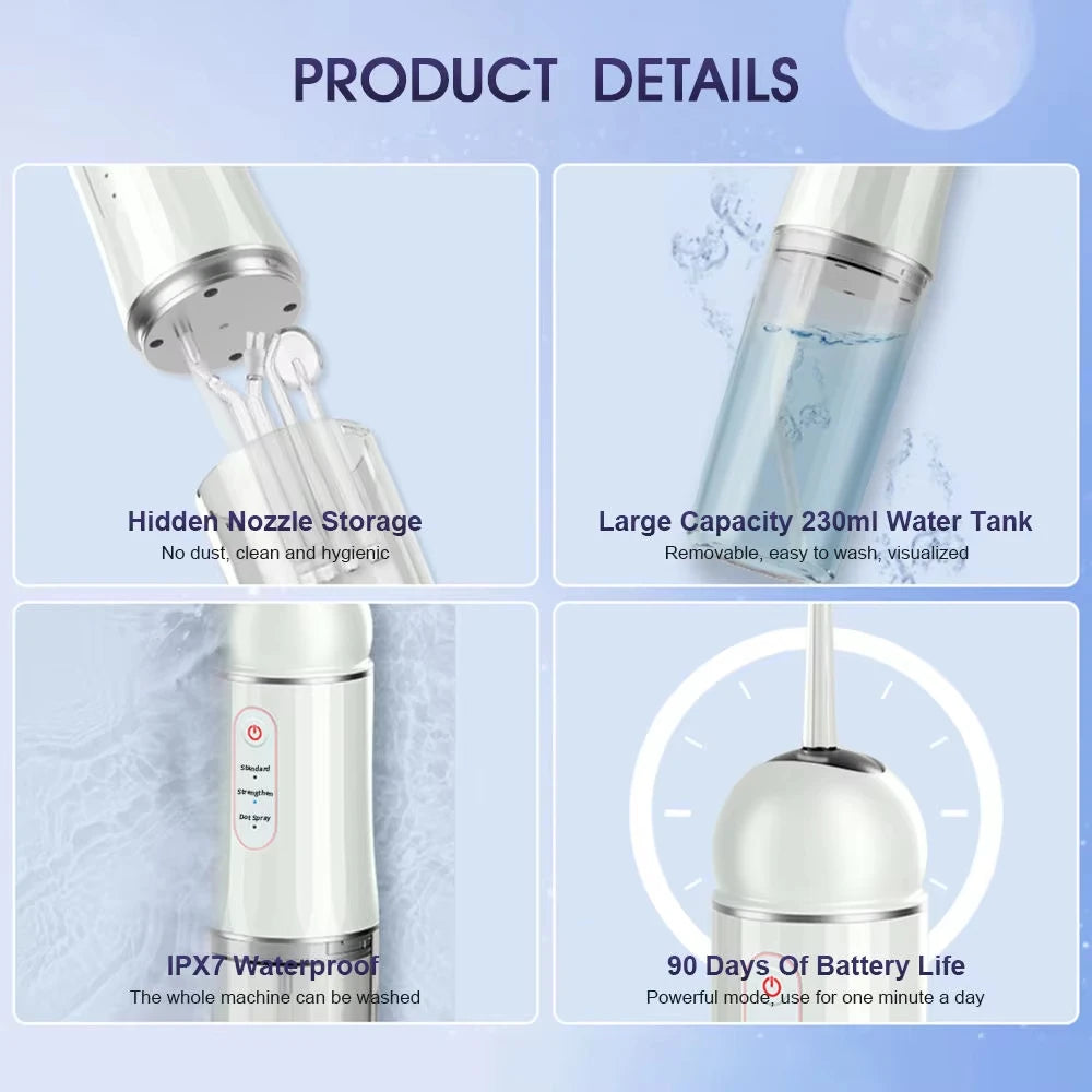 2025 New Portable Water Flosser Teeth Cleaner Dental Jet Irrigator 4 Nozzles 3 Modes USB Rechargeable for Home Travel Oral Care