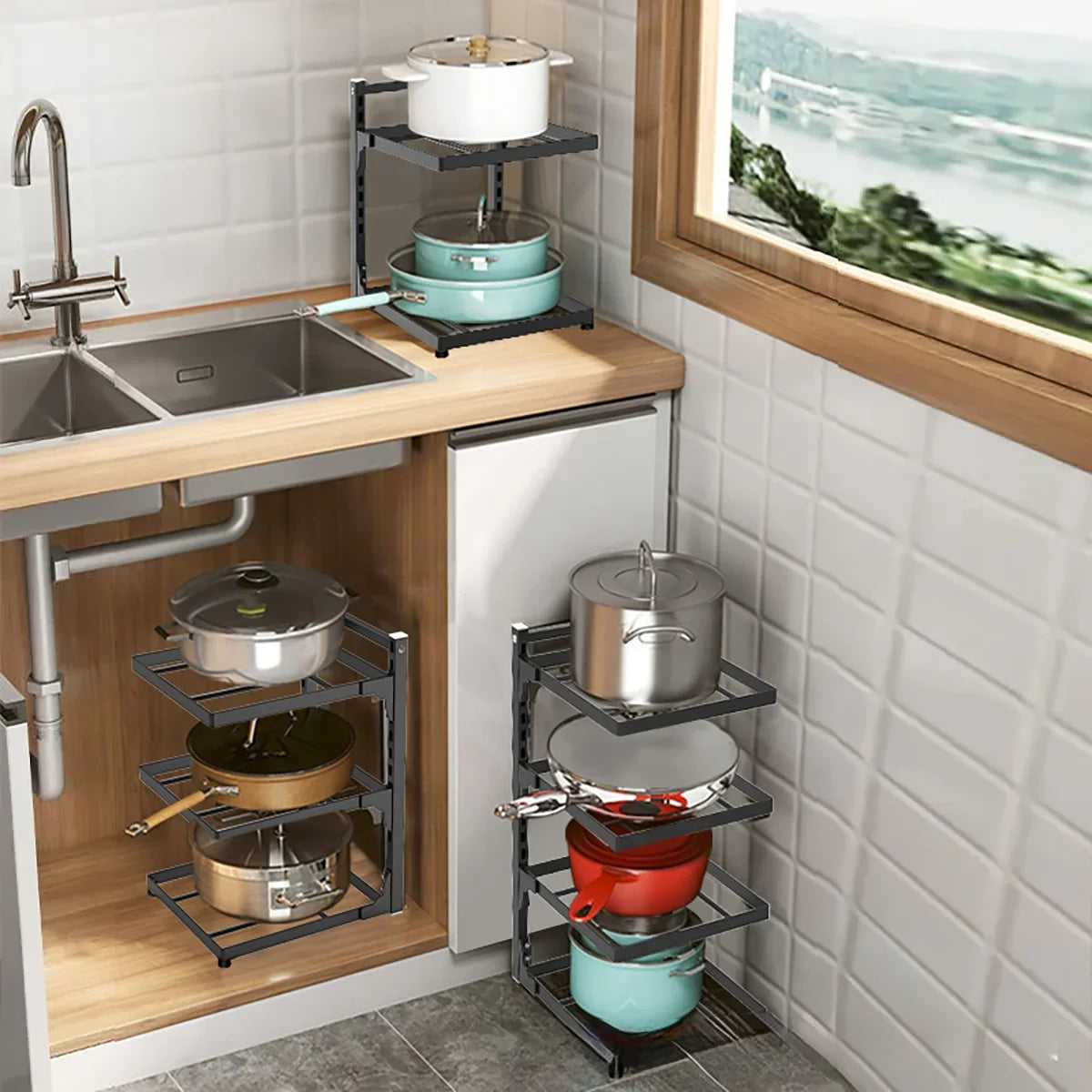 Kitchen Sink Storage Rack Multi-Layer Cooker Storage Rack Home Stovetop Cabinets Adjustable Space Saving Pot Rack Pantry Storage
