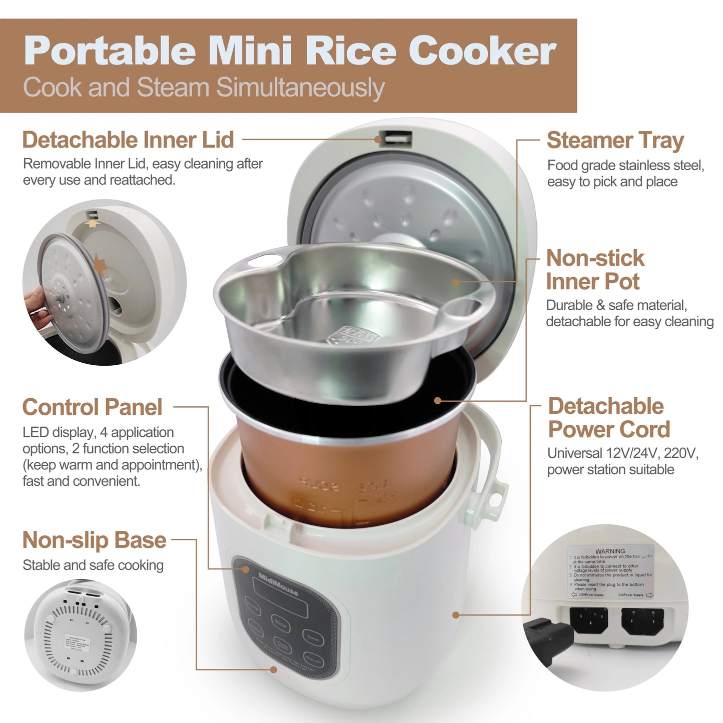 Rice Cooker Used in Car and Home 12v to 220v or Truck and Home 24v to 220V or Car and Truck 12v to 24v
