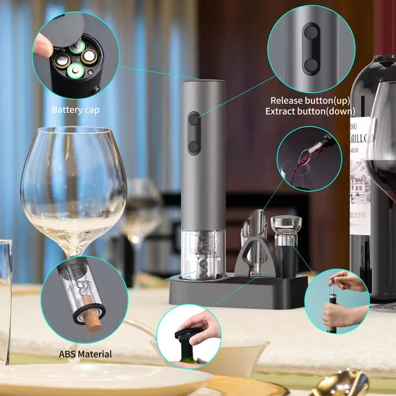 2024 Smart Kitchen Accessories 4in1 Electric Wine Opener Gift Set with Wine Stopper,Wine Pourer,Storage Base