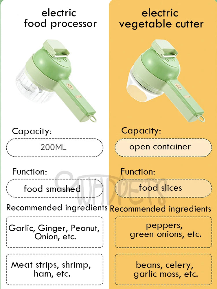 4 IN 1 Electric Vegetable Cutter Set Multifunctional Garlic Mud Masher Chopper Mini Food Processor Cutting Pressing Mixer Slicer