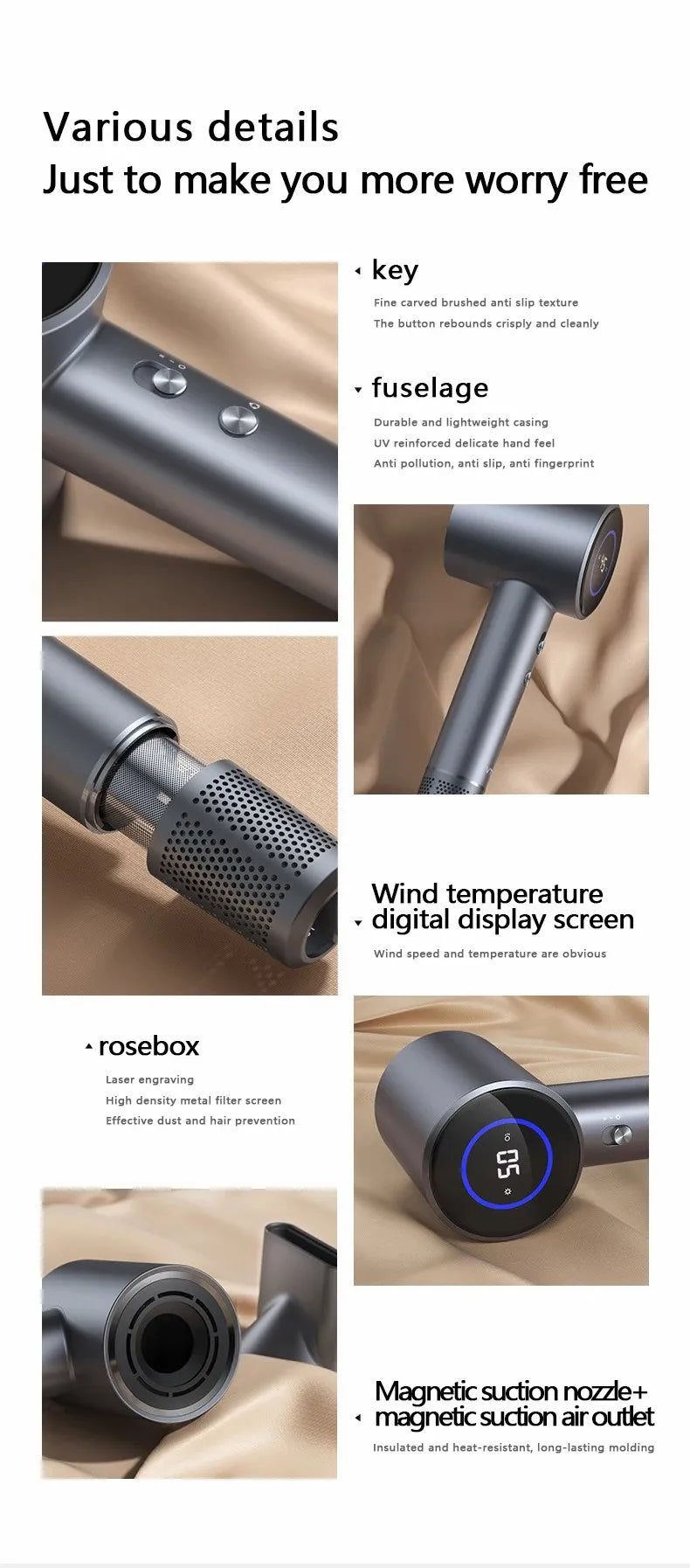 Hairdryer New high speed hair anion high speed hair dryer Hair LED display hair dryer with nozzle 110V 220V 1600W high power