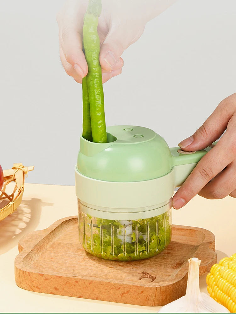 4 IN 1 Electric Vegetable Cutter Set Multifunctional Garlic Mud Masher Chopper Mini Food Processor Cutting Pressing Mixer Slicer