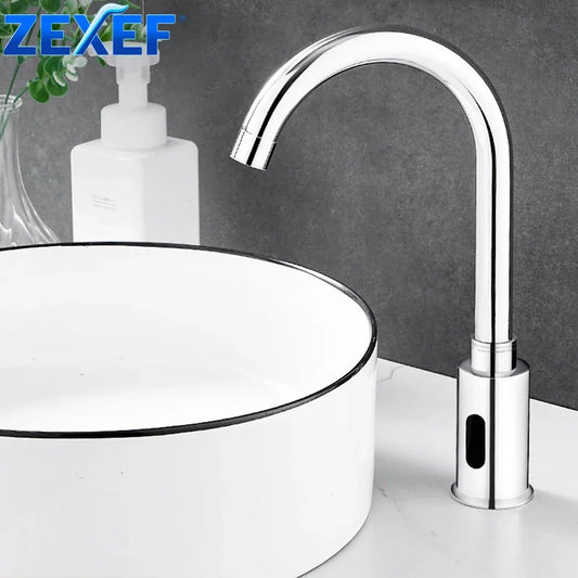 Smart Sensor Touchless Faucet with Hot Cold Mixer Water Saving Brushed Kitchen Bath Gold Hot Cold Mixer Tap for Modern Bathrooms