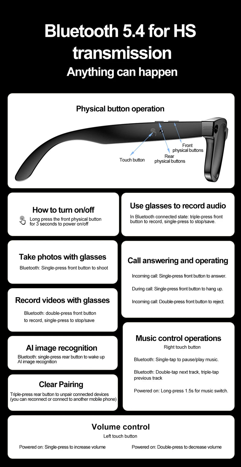 Xiaomi Mijia Smart Bluetooth Glasses IP65 Waterproof Recording Videos AI Photo Recognition Answer Translation Call Large Battery