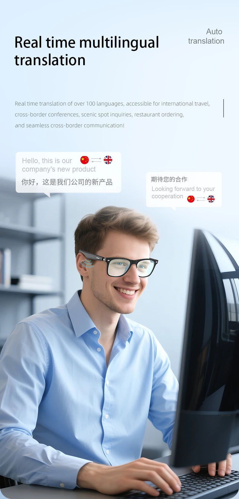 2025 New AI Translation Smart Glasses Bluetooth Call Headphones UV Protective Lenses Connected Bezel Outdoor Sports Sunglasses