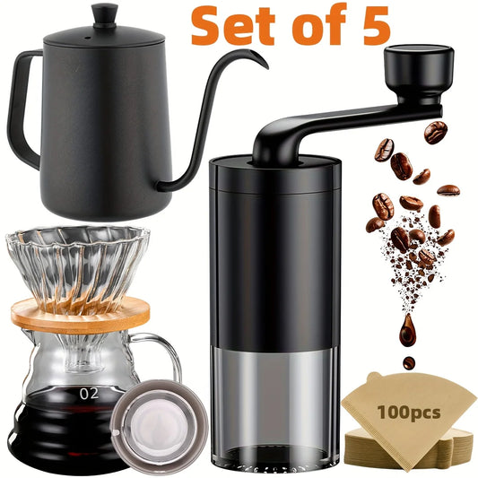 Pour Over Coffee Maker Set, Includes Pour Over Coffee Kettle, Coffee Grinder, Glass Coffee Carafe and Dripper, V02 Filter Paper