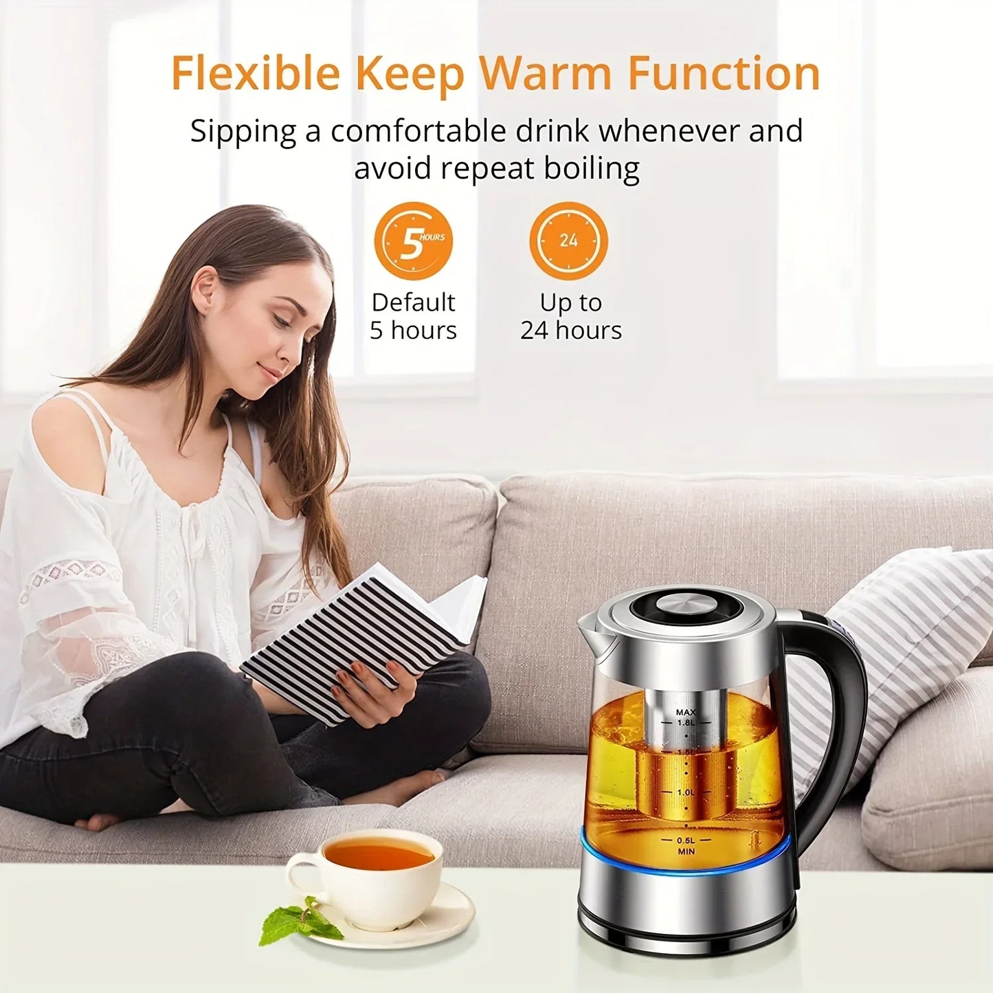 1.8L Electric Kettle with 12 Temperature Settings and 24 Hour Insulation - Stainless Steel Strainer