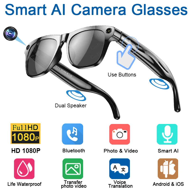 1080P HD Smart Glasses Color-changing Lens 800W Pixel Bluetooth AI GPT Camera Call Voice Assistant Translate Identify Objects