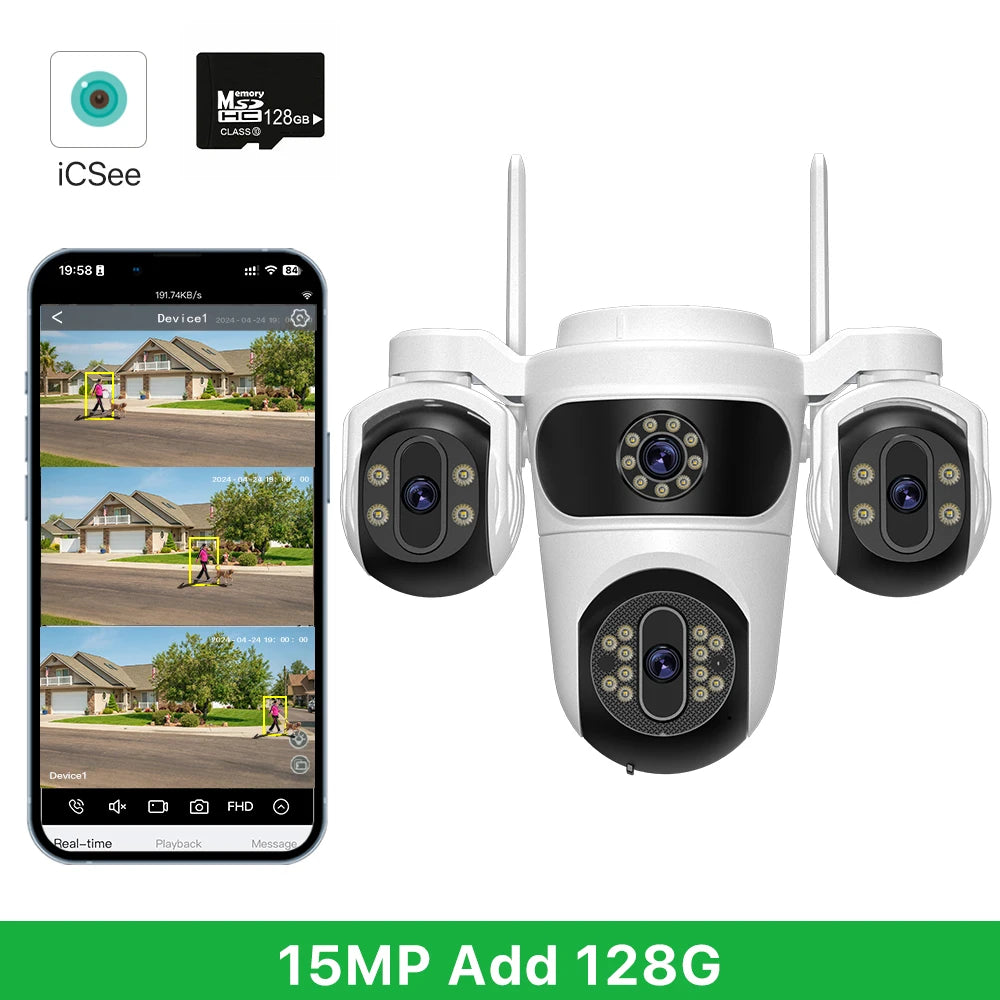 15MP WIFI Camera Three Screen PTZ Camera Human Detection Security CCTV Surveillance 10MP HD External Dual Lens Camera iCsee