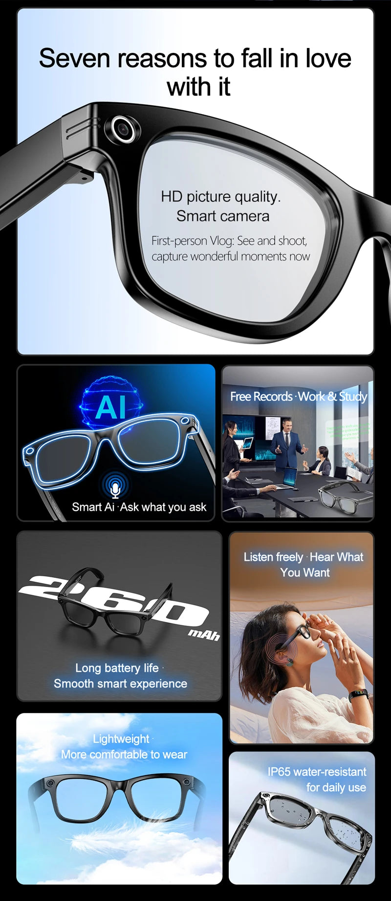Xiaomi Mijia Smart Bluetooth Glasses IP65 Waterproof Recording Videos AI Photo Recognition Answer Translation Call Large Battery
