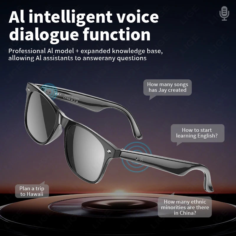 LIGE With Speaker UV Protection Sunglasses Smart Glasses 163 Languages AI Automatic Dialogue Translation Bluetooth Call Glasses