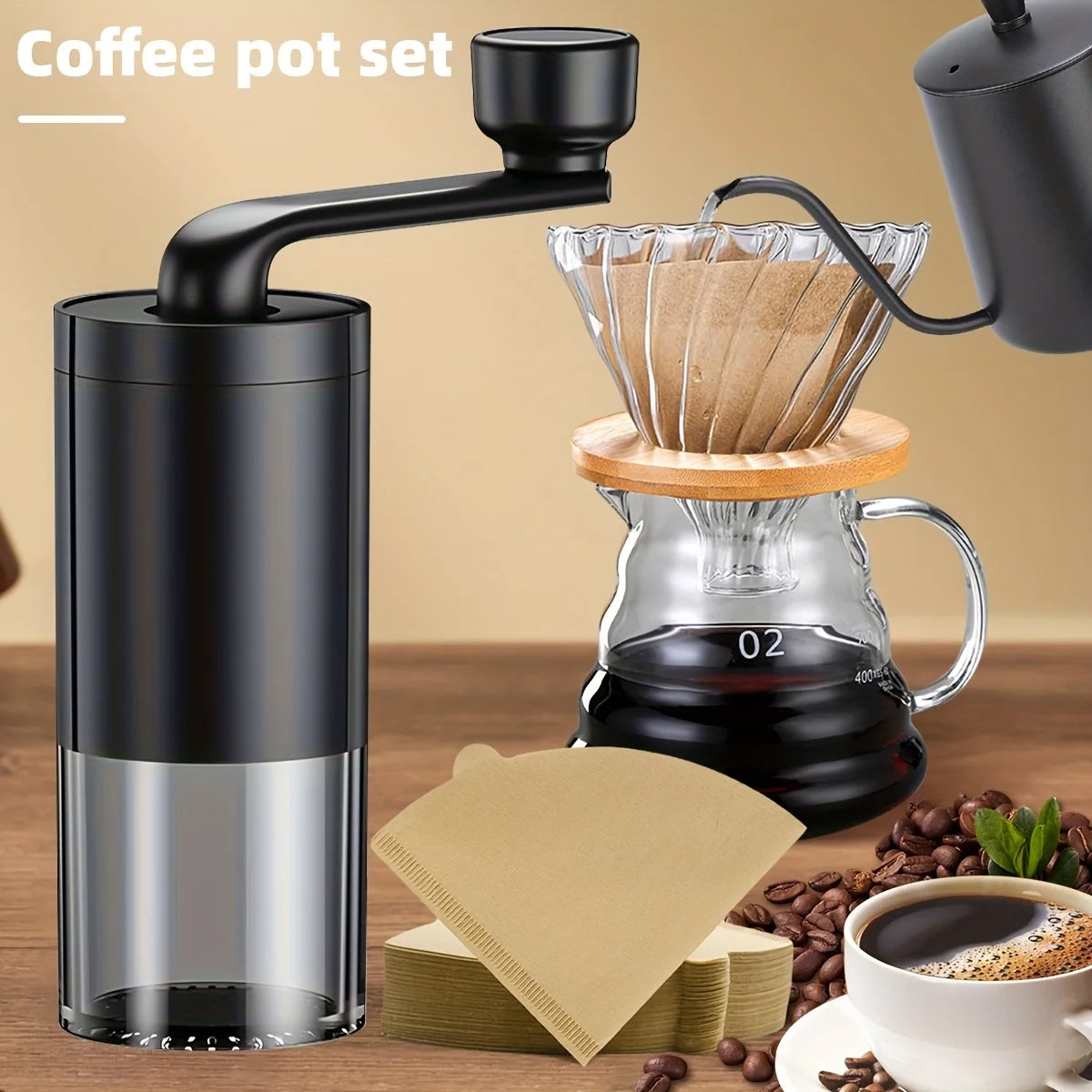 Pour Over Coffee Maker Set, Includes Pour Over Coffee Kettle, Coffee Grinder, Glass Coffee Carafe and Dripper, V02 Filter Paper