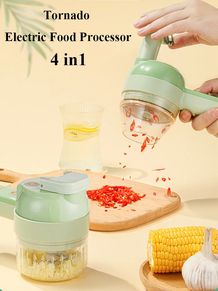 4 IN 1 Electric Vegetable Cutter Set Multifunctional Garlic Mud Masher Chopper Mini Food Processor Cutting Pressing Mixer Slicer