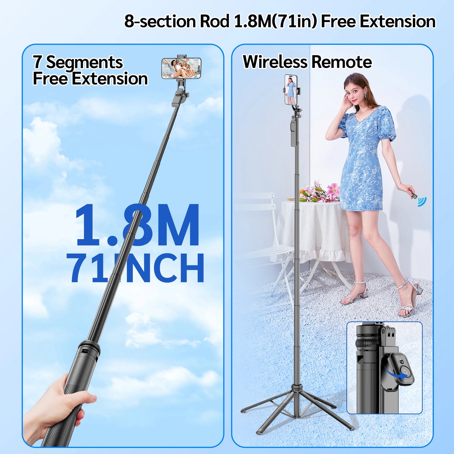 Selfieshow C18 Tripod for Smartphone Light Camera Tripods Stand Wireless Bluetooth Selfie Stick Phone Holder for Vlog/Video