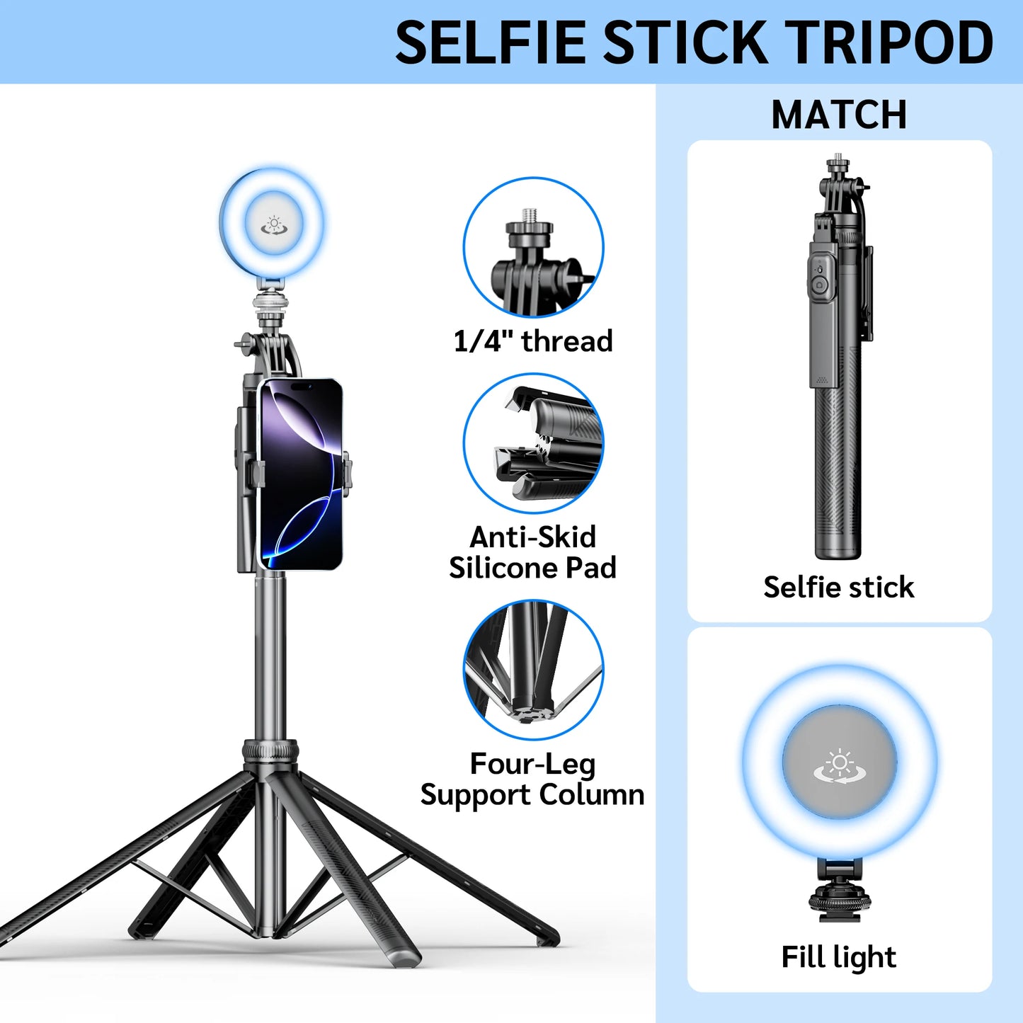 Selfieshow C18 Tripod for Smartphone Light Camera Tripods Stand Wireless Bluetooth Selfie Stick Phone Holder for Vlog/Video