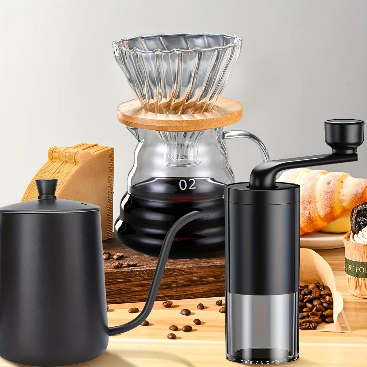 Pour Over Coffee Maker Set, Includes Pour Over Coffee Kettle, Coffee Grinder, Glass Coffee Carafe and Dripper, V02 Filter Paper